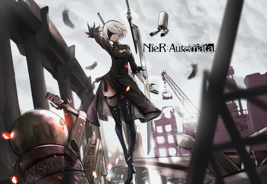 1girl absurdres android artist_name black_blindfold black_dress blindfold blurry_foreground boots breasts cleavage_cutout commentary copyright_name dress feather-trimmed_sleeves feathers high_heel_boots high_heels highres holding holding_sword holding_weapon juliet_sleeves leather leather_boots long_sleeves medium_breasts mole mole_under_mouth nier_(series) nier_automata pod_(nier_automata) puffy_sleeves robot short_hair silver_hair sword thigh-highs thigh_boots thighhighs_under_boots vambraces weapon yadoshin yorha_no._2_type_b