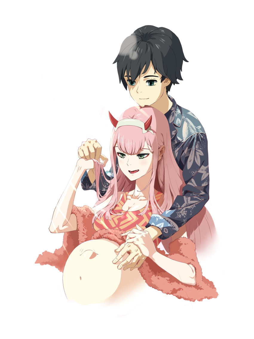 1boy 1girl absurdres bangs black_hair blue_eyes breasts cleavage commentary couple darling_in_the_franxx fang fringe fur_trim green_eyes hair_ornament hairband hand_holding hand_on_another's_stomach hawaiian_shirt hetero highres hiro_(darling_in_the_franxx) horns hug long_hair long_sleeves navel oni_horns pink_hair pregnant red_horns shirt short_hair user_wssc4878 white_hairband zero_two_(darling_in_the_franxx)
