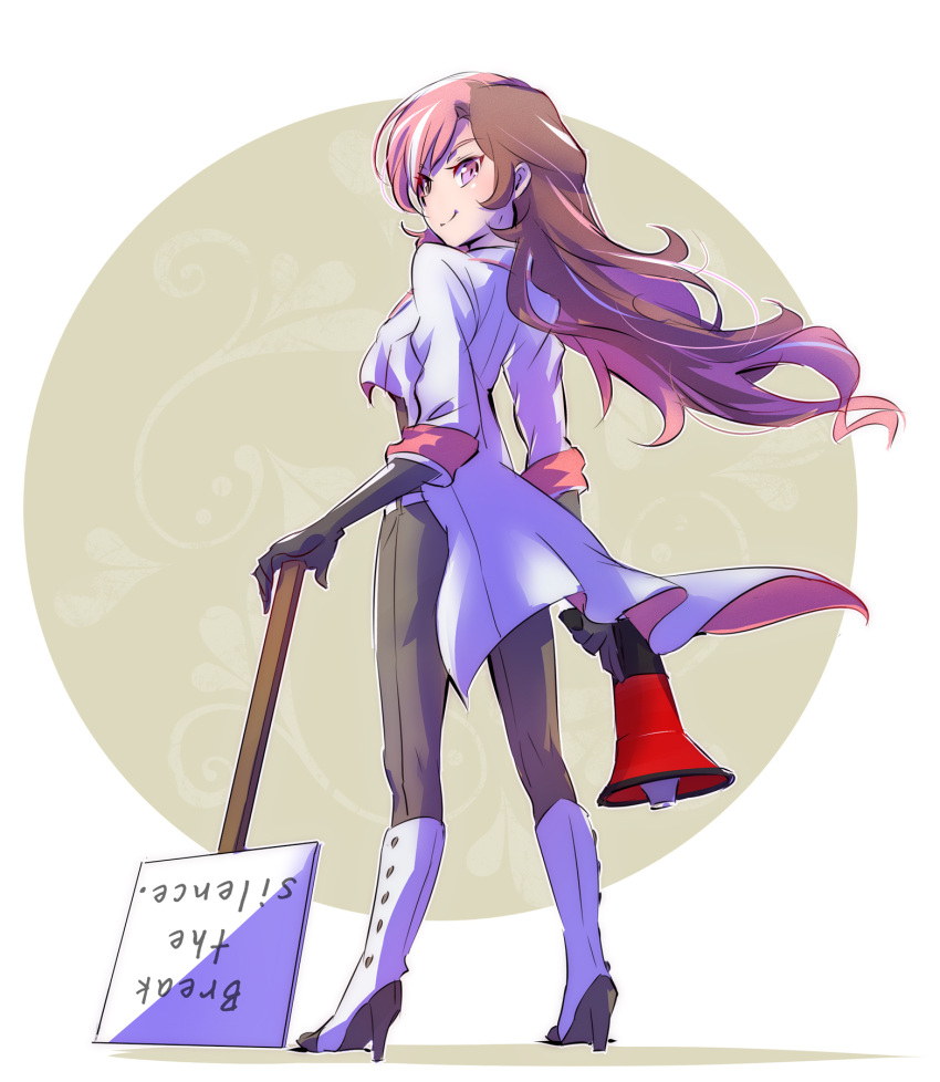 1girl black_gloves black_pants boots brown_eyes brown_hair from_behind full_body gloves heterochromia high_heel_boots high_heels highres holding iesupa knee_boots long_hair looking_back megaphone neo_(rwby) pants pink_eyes pink_hair rwby simple_background smile solo standing white_background white_footwear