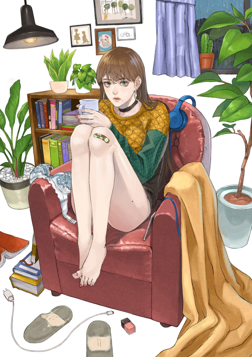 1girl absurdres armchair bandaid barefoot blanket book bookshelf bow bow_bra bra bra_removed brown_hair cactus cellphone chair choker cup curtains earrings easy_chair feet green_eyes headphones headphones_removed highres holding holding_cup hoop_earrings indoors jewelry knees_up lamp legs_together lips long_hair looking_at_viewer mole mole_on_thigh mole_under_mouth mug nail_polish nail_polish_bottle no_pants okuno_(rakugaki-okuno306) original phone plant potted_plant rain realistic sitting slippers smartphone solo sweater underwear window