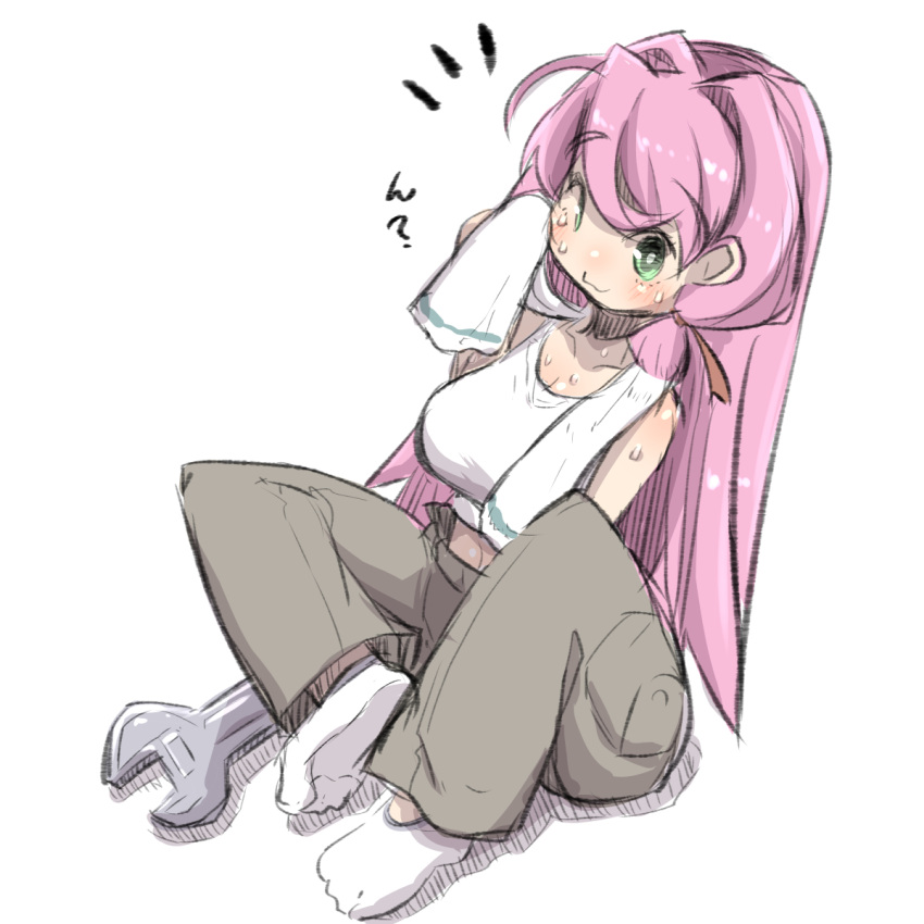 1girl akashi_(kantai_collection) bangs bare_shoulders blush breasts brown_pants closed_mouth collarbone eyebrows_visible_through_hair green_eyes hair_between_eyes hair_intakes highres kantai_collection large_breasts long_hair looking_at_viewer no_shoes pants pink_hair simple_background sitting smile socks solo sweat tank_top towel towel_around_neck translated u-non_(annon'an) very_long_hair white_background white_legwear white_tank_top wiping_sweat wrench