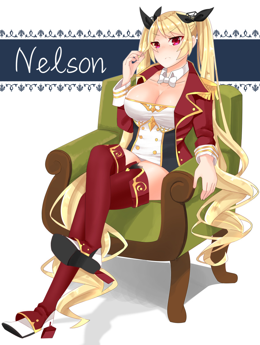 1girl absurdres adjusting_hair azur_lane black_ribbon blonde_hair blush boots breasts chair character_name cleavage commentary_request detached_collar dress epaulettes frown hair_ribbon highres jacket large_breasts legs_crossed long_hair microdress nelson_(azur_lane) red_eyes red_footwear red_jacket ribbon sanba_tsui sitting solo strapless strapless_dress thigh-highs thigh_boots twintails very_long_hair