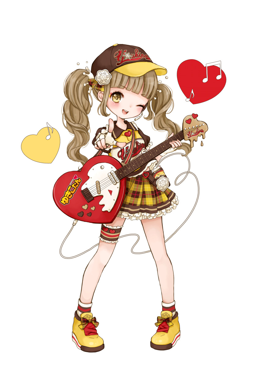 1girl absurdres bangs baseball_jersey beamed_eighth_notes blunt_bangs brown_hair electric_guitar fingerless_gloves frilled_skirt frills full_body gloves guitar hair_ornament heart highres instrument long_hair milk_carton mnmktn musical_note official_art pointing pointing_at_viewer shoes sixteenth_note skirt sneakers snowflake_hair_ornament socks solo sticker sweet_jet_yukico-tan thigh_strap transparent_background twintails white_gloves yellow_eyes yellow_footwear yukico-tan yukijirushi