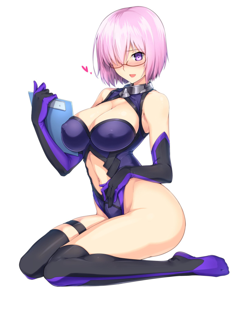 1girl bangs bare_shoulders black_gloves black_legwear blush breasts cleavage clipboard commentary_request elbow_gloves erect_nipples eyebrows_visible_through_hair fate/grand_order fate_(series) full_body glasses gloves hair_over_one_eye harukon_(halcon) highleg highleg_leotard highres holding large_breasts leotard looking_at_viewer mash_kyrielight navel navel_cutout open_mouth pink_hair purple_leotard shiny shiny_hair short_hair sitting sleeveless smile solo thigh-highs thigh_strap thighs violet_eyes wariza white_background