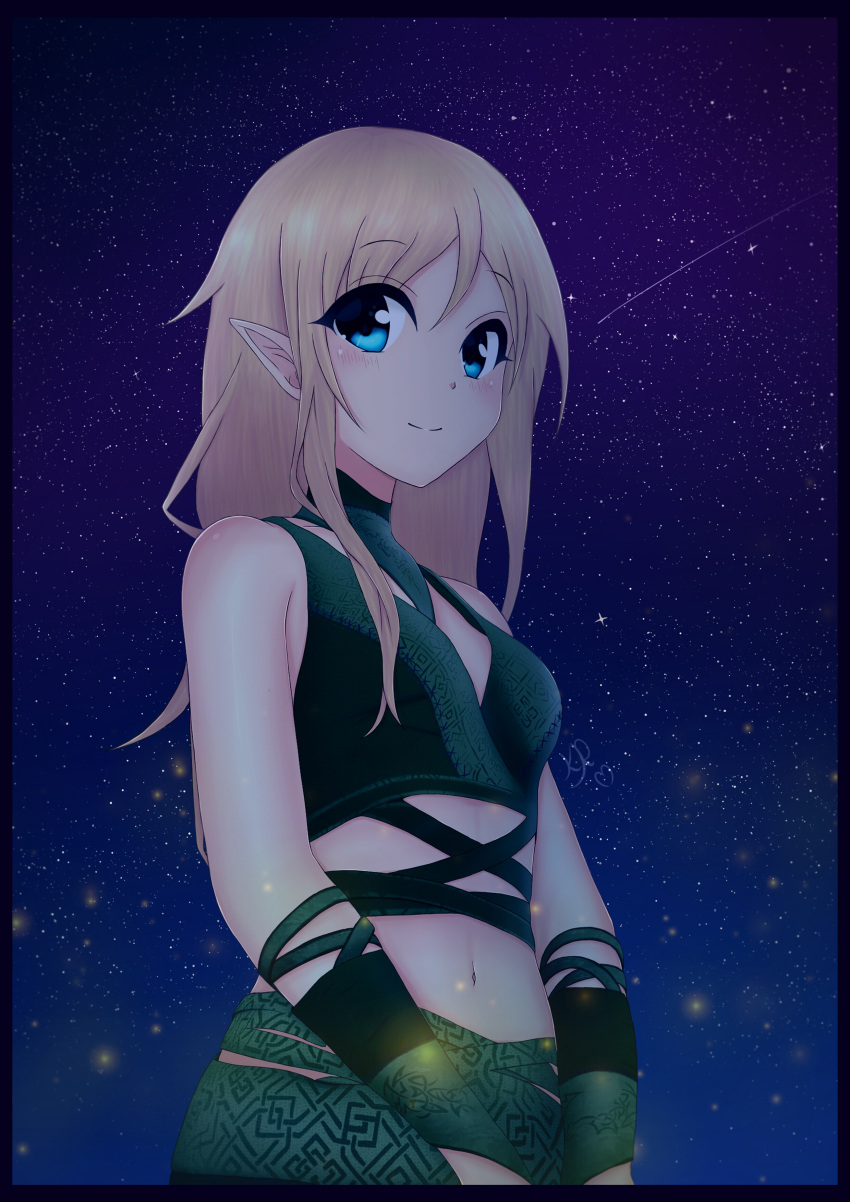 1girl blonde_hair blue_eyes blush elf kerrr night night_sky smile solo starry_sky stars yellow_hair