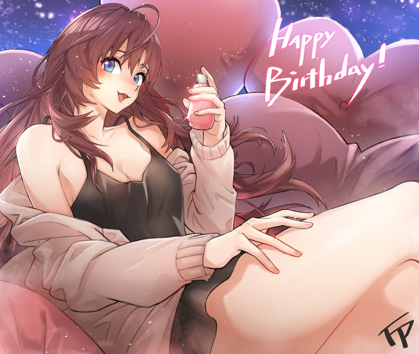 1girl ahoge bangs black_camisole blue_eyes blush bottle breasts brown_hair brown_sweater cardigan cleavage eyebrows_visible_through_hair fpanda happy_birthday heart heart_pillow highres ichinose_shiki idolmaster idolmaster_cinderella_girls long_hair looking_at_viewer medium_breasts off_shoulder open_cardigan open_clothes open_mouth perfume_bottle pillow signature sitting smile solo sparkle sweater thighs wavy_hair