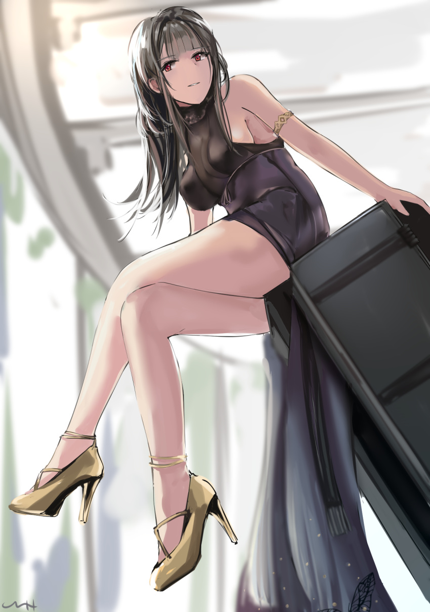 1girl bare_shoulders black_dress black_hair chyt dress dsr-50_(girls_frontline) girls_frontline highres legs long_hair looking_at_viewer parted_lips red_eyes short_dress sleeveless sleeveless_dress solo yellow_footwear