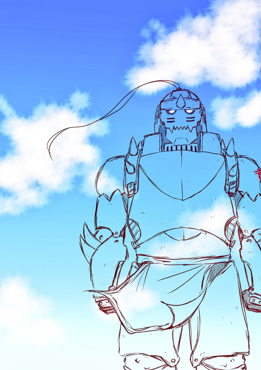1boy alphonse_elric apron armor clenched_hands clouds cloudy_sky day flamel_symbol floating full_armor fullmetal_alchemist helmet highres looking_at_viewer male_focus monochrome outdoors sky standing x-ray