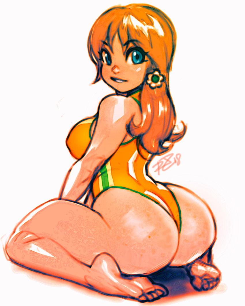 1girl absurdres ass brown_hair earrings flower_earrings from_behind highres huge_ass jewelry long_hair looking_back super_mario_bros. one-piece_swimsuit princess_daisy robert_porter simple_background sitting solo swimsuit wariza white_background