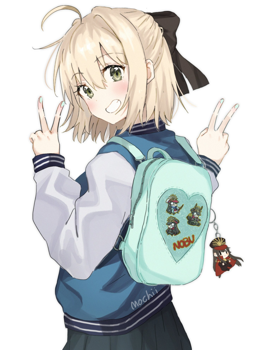 1girl ahoge aqua_nails artist_name backpack bag bag_charm bangs blonde_hair blush character_doll character_print charm_(object) commentary double_v english_commentary eyebrows_visible_through_hair fate/grand_order fate_(series) fingernails from_behind green_eyes grin hair_between_eyes hair_ribbon half_updo hands_up heart highres jacket koha-ace long_sleeves looking_at_viewer looking_back mochii nail_polish oda_nobunaga_(fate) okita_souji_(fate) ribbon short_hair simple_background skirt smile solo standing v white_background