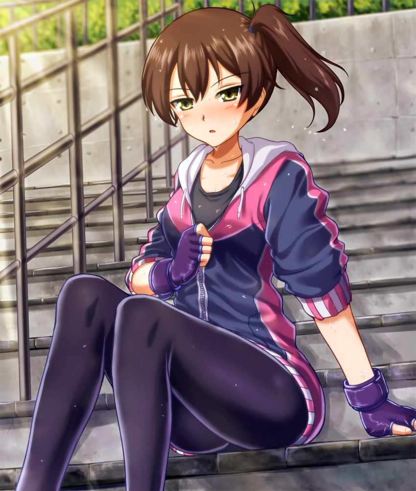 1girl blush breasts brown_eyes brown_hair fingerless_gloves gloves grass highres jacket kaga_(kantai_collection) kantai_collection leggings looking_at_viewer shorts side_ponytail sitting small_breasts solo sportswear stairs sunlight track_jacket zanntetu