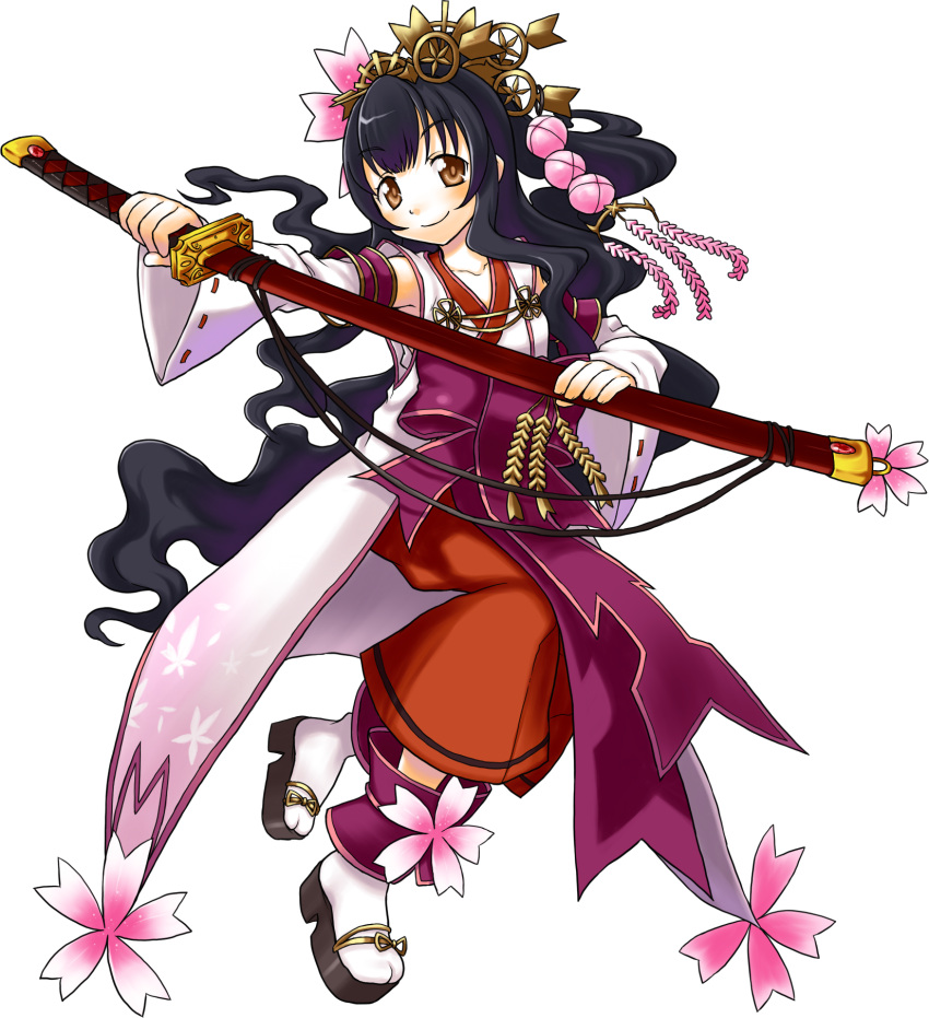 1girl black_hair blush brown_eyes closed_mouth collarbone eyebrows_visible_through_hair full_body highres holding holding_sword holding_weapon kanatarou long_hair looking_at_viewer official_art sakurako_kujo sandals sheath sheathed smile socks solo sword transparent_background trouble_witches_neo weapon white_legwear