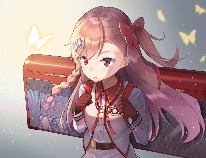 1girl braid bug butterfly child girls_frontline gloves gun_case hair_ornament hair_ribbon hexagram highres insect long_hair looking_at_viewer negev_(girls_frontline) pink_eyes pink_hair ribbon side_ponytail ssogari star_of_david younger
