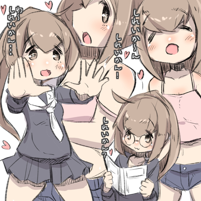1girl :3 :d =_= bangs bare_shoulders black_serafuku black_shirt black_skin blue_shorts blush brown_eyes brown_hair camisole closed_eyes closed_mouth collarbone crescent crescent_moon_pin eyebrows_visible_through_hair fumizuki_(kantai_collection) hair_between_eyes heart highres kantai_collection long_hair long_sleeves multiple_views neckerchief open_mouth pink_camisole pleated_skirt ponytail school_uniform serafuku shirt short_shorts shorts sidelocks simple_background skirt smile strap_slip translation_request u-non_(annon'an) very_long_hair white_background white_neckwear