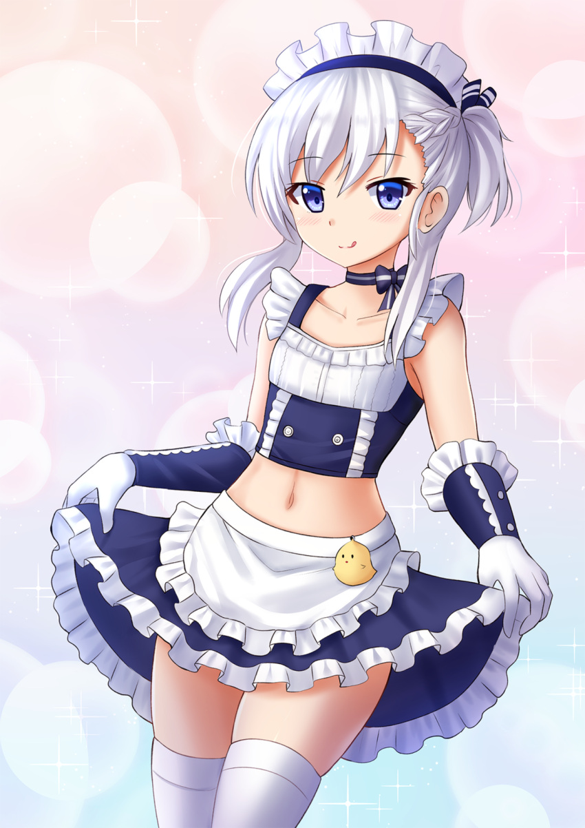 1girl :q apron azur_lane belchan_(azur_lane) blue_eyes blush collarbone commentary elbow_gloves english_commentary eyebrows_visible_through_hair frilled_apron frilled_gloves frilled_skirt frills gloves highres kazenokaze looking_at_viewer maid maid_headdress midriff navel neck_ribbon ribbon silver_hair skirt skirt_hold solo sparkle_background thigh-highs tongue tongue_out waist_apron white_gloves white_legwear