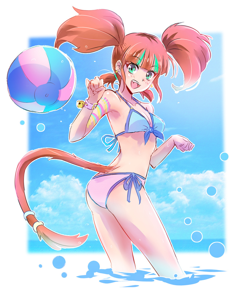 1girl :d ball beachball bell bikini blue_bikini_top blue_ribbon blue_sky bracelet brown_hair clouds collarbone day fang front-tie_bikini front-tie_top green_eyes hair_ornament highlights highres iesupa jewelry long_hair looking_at_viewer multicolored_hair neon_katt open_mouth outdoors pink_bikini_bottom ribbon rwby side-tie_bikini sky smile solo standing swimsuit tail twintails wading white_background