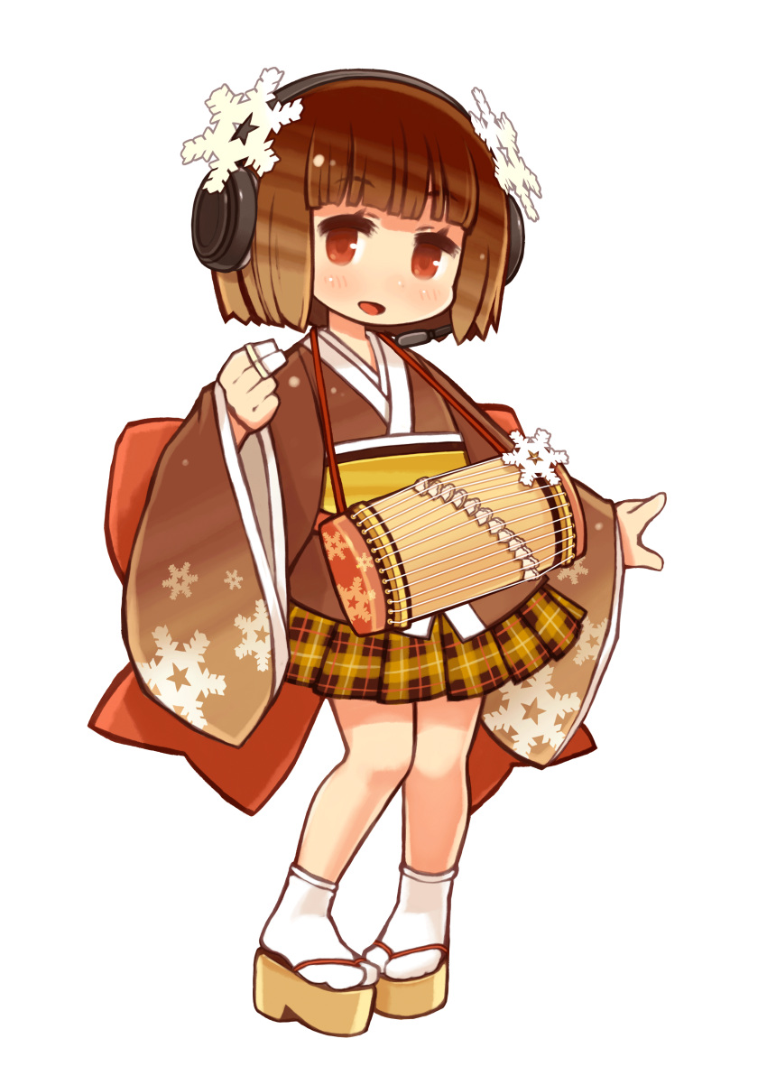 1girl absurdres bangs blunt_bangs bob_cut bonbori_yukico-tan bow brown_eyes brown_hair full_body geta hair_ornament headphones highres instrument japanese_clothes kimono koto_(instrument) looking_at_viewer official_art pigeon-toed plaid pleated_skirt plectrum shigatake short_hair short_kimono skirt smile snowflake_hair_ornament snowflake_print solo tabi transparent_background wide_sleeves yukico-tan yukijirushi