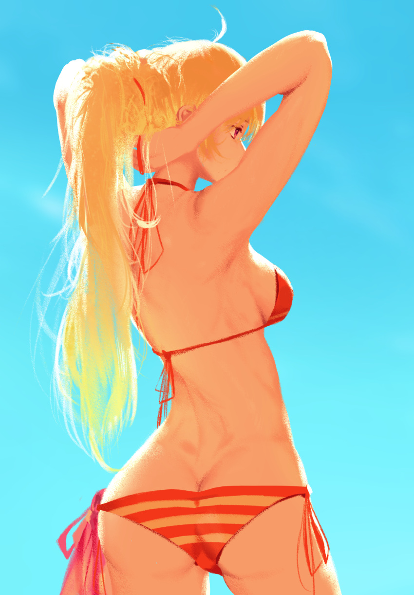 1girl ahoge arms_up ass bare_shoulders bikini blonde_hair blue_sky breasts butt_crack commentary cowboy_shot dishwasher1910 english_commentary eyebrows_visible_through_hair from_behind highres horizontal_stripes legs_apart long_hair medium_breasts outdoors ponytail red_bikini red_eyes rwby side-tie_bikini sky solo standing striped striped_bikini swimsuit wavy_hair yang_xiao_long