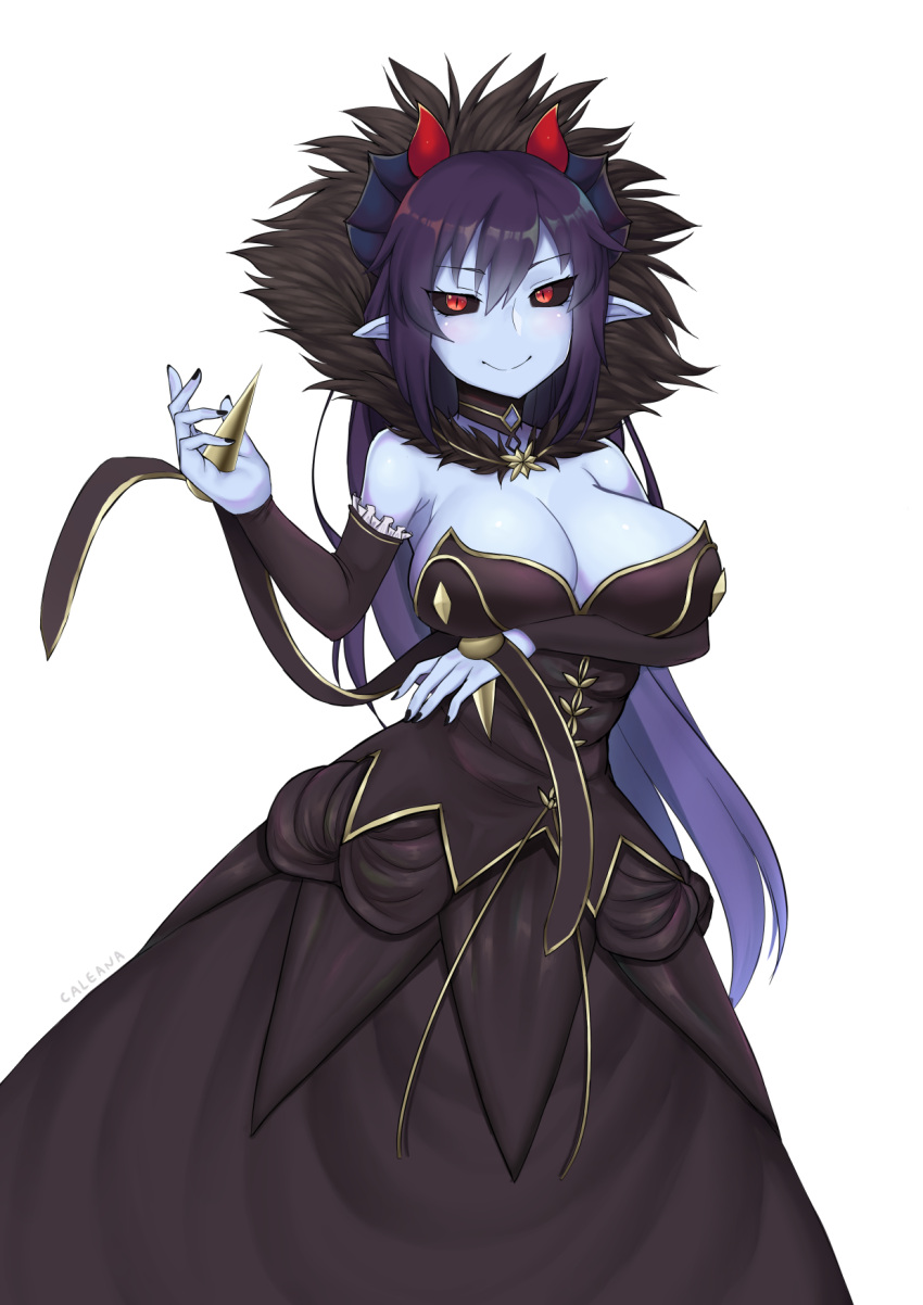 1girl artist_name black_sclera blue_skin breast_hold breasts caleana commentary commission cosplay demon_(monster_girl_encyclopedia) demon_girl demon_horns detached_sleeves dress english_commentary fur_collar hair_between_eyes highres horns large_breasts long_hair looking_at_viewer monster_girl_encyclopedia nail_polish pointy_ears purple_hair red_eyes semiramis_(fate) semiramis_(fate)_(cosplay) simple_background slit_pupils smile solo very_long_hair white_background