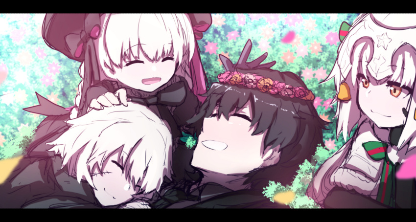 1boy 3girls :d ^_^ bangs beret black_bow black_capelet black_cloak black_gloves black_hair black_hat black_jacket bow braid bush capelet closed_eyes closed_mouth day elbow_gloves eyebrows_visible_through_hair facial_scar fate/extra fate/grand_order fate_(series) flower flower_wreath fujimaru_ritsuka_(male) fur-trimmed_capelet fur_trim gloves green_bow green_ribbon hair_between_eyes hair_bow hand_on_another's_head hat head_wreath headpiece jack_the_ripper_(fate/apocrypha) jacket jeanne_d'arc_(fate)_(all) jeanne_d'arc_alter_santa_lily long_hair looking_at_another multiple_girls nursery_rhyme_(fate/extra) open_mouth orange_eyes orange_flower outdoors petals pink_flower ribbon scar scar_on_cheek short_hair silver_hair smile striped striped_bow striped_ribbon wada_kazu white_capelet white_flower