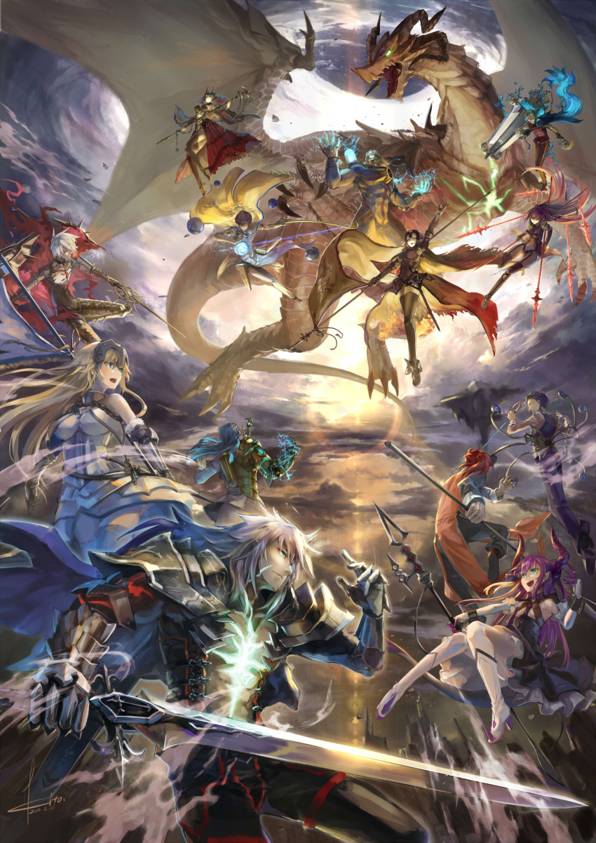 absurdres animal_ears arjuna_(fate/grand_order) arjuna_(fate/grand_order)_(cosplay) arm_armor arm_up armor blonde_hair blue_hair bodysuit breasts brown_hair cape carmilla_(fate/grand_order) clouds commentary_request cosplay dragon dragon_horns dragon_wings dual_wielding elizabeth_bathory_(fate)_(all) fate_(series) flag floating flying glowing glowing_eyes green_eyes headpiece highres horns james_moriarty_(fate/grand_order) jeanne_d'arc_(alter)_(fate) jeanne_d'arc_(fate)_(all) karna_(fate) kito_(kito2) large_breasts li_shuwen_(fate) lightning lion lion_ears long_hair monocle nikola_tesla_(fate/grand_order) pixiv_fate/grand_order_contest_2 pointy_ears polearm ponytail purple_hair redhead scathach_(fate/grand_order) sherlock_holmes_(fate/grand_order) shoulder_cannon siegfried_(fate) sky sleeveless spear sunlight sword tank_top thigh-highs thomas_edison_(fate/grand_order) weapon white_hair wings