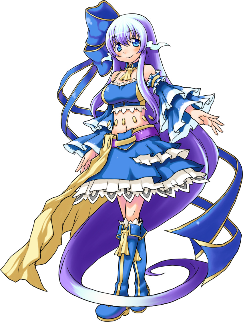 1girl absurdly_long_hair aqua_seep_seal bare_shoulders blue_bow blue_eyes blue_footwear blue_hair blue_skirt blush boots bow breasts closed_mouth detached_sleeves eyebrows_visible_through_hair full_body hair_bow highres kanatarou knee_boots large_breasts long_hair looking_at_viewer navel official_art skirt smile solo transparent_background trouble_witches trouble_witches_neo very_long_hair