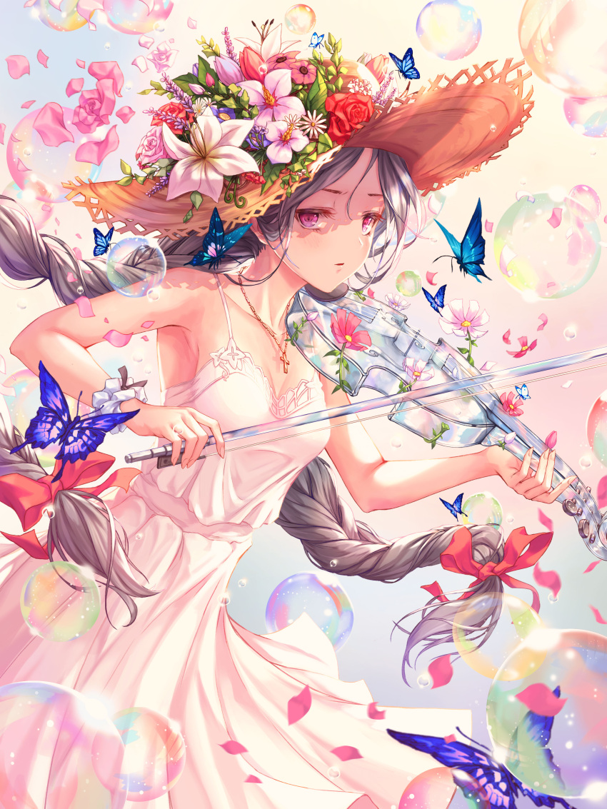 1girl absurdres bare_arms bare_shoulders braid breasts brown_hat bubble bud bug butterfly chyopeuteu cleavage collarbone commentary cross cross_necklace dress falling_petals floating_hair flower glass grey_hair hair_ribbon hat hat_flower highres holding holding_instrument insect instrument jewelry latin_cross light_rays lily_(flower) long_hair looking_at_viewer music necklace original parted_lips petals pink_dress pink_eyes pink_flower pink_rose playing_instrument purple_flower red_flower red_ribbon red_rose ribbon rose scrunchie side_glance sleeveless sleeveless_dress small_breasts solo spaghetti_strap standing straw_hat sun_hat sundress sunlight twin_braids twintails very_long_hair violin white_flower white_scrunchie wrist_scrunchie