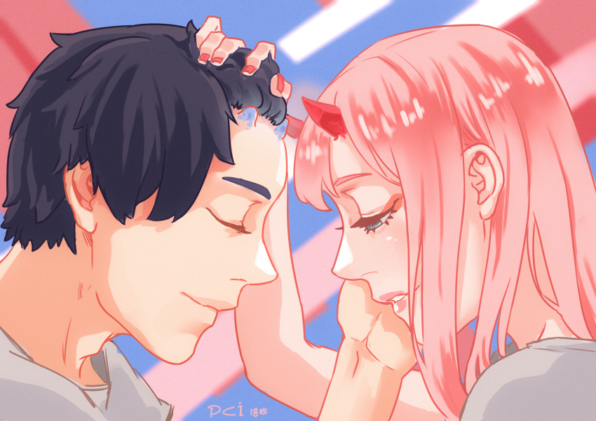 1boy 1girl absurdres bangs black_hair blue_horns closed_eyes commentary couple darling_in_the_franxx face-to-face facing_another green_eyes hand_on_another's_face hand_on_another's_head hetero highres hiro_(darling_in_the_franxx) long_hair looking_at_another oni_horns pciyoo pink_hair red_horns short_hair signature zero_two_(darling_in_the_franxx)