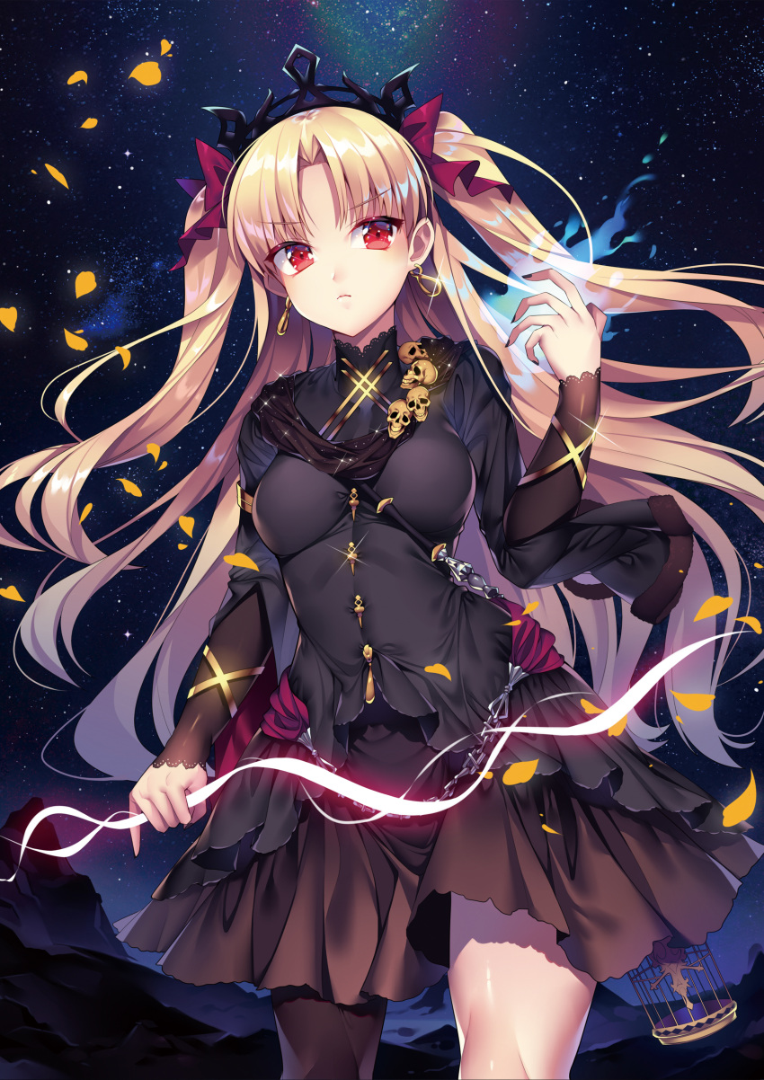 1girl absurdres bangs birdcage black_dress black_legwear black_nails blonde_hair breasts cage chains closed_mouth commentary_request dress earrings ereshkigal_(fate/grand_order) eyebrows_visible_through_hair fate/grand_order fate_(series) fingernails glint glowing hair_ribbon hand_up highres holding hoop_earrings impossible_clothes impossible_dress infinity jewelry long_hair long_sleeves looking_at_viewer may_(2747513627) medium_breasts nail_polish night night_sky outdoors parted_bangs petals red_eyes red_ribbon ribbon shiny shiny_hair short_dress single_thighhigh skull sky solo standing star_(sky) starry_sky thigh-highs tiara turtleneck two_side_up v-shaped_eyes