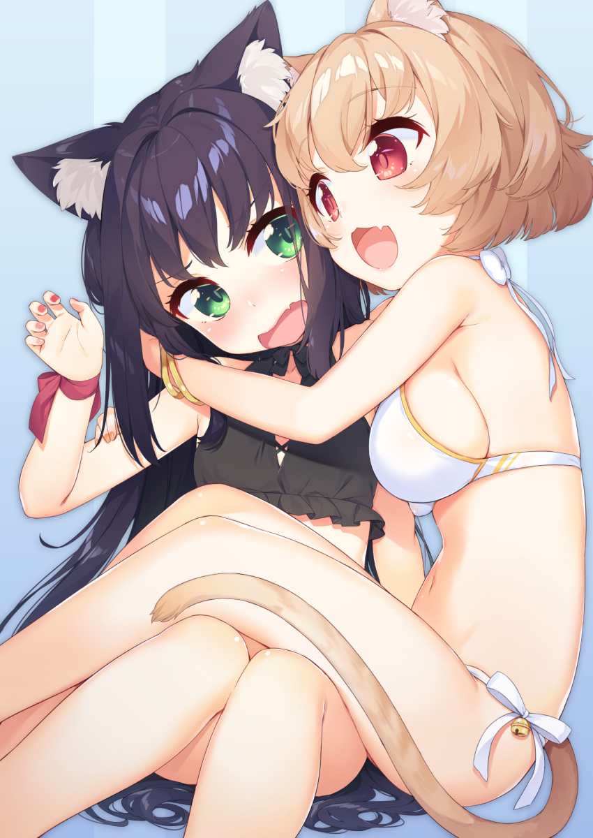 2girls :d animal_ears bangle bangs bare_shoulders bell bikini black_bikini blue_background blush bow bracelet breasts cat_ears cat_girl cat_tail commentary_request eyebrows_visible_through_hair fang fingernails gradient gradient_background green_eyes hair_between_eyes highres jewelry jingle_bell light_brown_hair long_hair medium_breasts multiple_girls nail_polish open_mouth original purple_hair red_eyes red_nails side-tie_bikini sitting smile swimsuit tail tofu1601 very_long_hair white_bikini white_bow