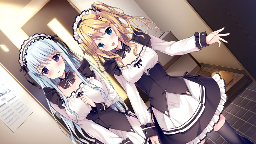 2girls :d apron black_legwear black_ribbon black_skirt blonde_hair blue_eyes blush bow braid breasts corset dutch_angle erect_nipples eyebrows_visible_through_hair frilled_skirt frills game_cg hair_between_eyes hair_bow hair_ornament hair_ribbon hair_scrunchie headphones highres indoors kimi_to_hajimeru_dasan_tekina_lovecome large_breasts long_hair looking_at_viewer maid maid_headdress medium_breasts miniskirt multiple_girls official_art open_mouth pink_bow pink_scrunchie ribbon sakura_nono scrunchie side_ponytail silver_hair skirt smile sousouman standing teidou_shirayuki thigh-highs very_long_hair violet_eyes white_apron