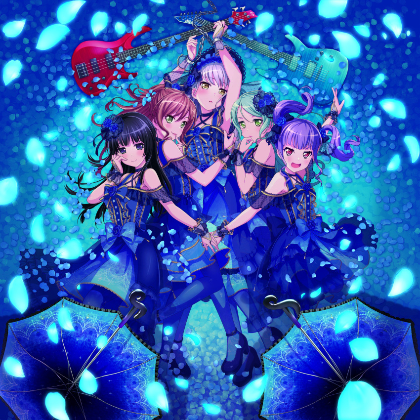 5girls :d absurdres ankle_strap aqua_hair arms_up artist_request bang_dream! bangs black_bow black_eyes black_footwear black_hair blowing blue blue_bow blue_dress blue_flower blue_legwear blue_rose bonnet bow bowtie bridal_gauntlets center_frills chains choker commentary_request cuffs dress electric_guitar finger_to_mouth flower glowing_petals green_eyes grey_hair guitar hair_bow hair_flower hair_ornament half_updo hand_on_another's_hand hand_on_own_cheek hand_to_own_mouth high_heels highres hikawa_sayo imai_lisa instrument long_hair looking_at_viewer minato_yukina multiple_girls official_art open_mouth pantyhose petals red_eyes rose roselia_(bang_dream!) shackles shirokane_rinko smile twintails udagawa_ako umbrella v-shaped_eyebrows violet_eyes yellow_eyes
