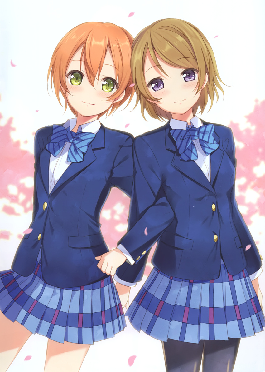 2girls 6u_(eternal_land) absurdres bangs black_legwear blue_blazer blue_bow blue_neckwear blue_skirt blush bow bowtie brown_hair cherry_blossoms cowboy_shot dress_shirt eyebrows_visible_through_hair green_eyes highres hoshizora_rin koizumi_hanayo locked_arms long_hair love_live! miniskirt multiple_girls orange_hair pantyhose pleated_skirt school_uniform shirt short_hair skirt smile standing striped striped_bow striped_neckwear uniform violet_eyes white_background white_shirt