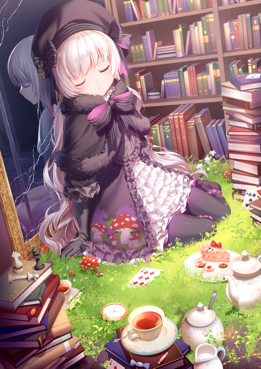 1girl :o alice_(fate/extra) bangs beret black_bow black_capelet black_dress black_footwear black_gloves black_hat black_legwear blush book_stack bookshelf boots bow cake candy_wrapper capelet checkerboard_cookie chess_piece closed_eyes commentary_request cookie cup different_reflection doll_joints dress elbow_gloves eyebrows_visible_through_hair facing_viewer fate/extra fate_(series) flower food food_print fur-trimmed_capelet fur_trim gloves gothic_lolita grass hair_down hat hat_bow highres knee_boots lolita_fashion long_hair mushroom mushroom_print nursery_rhyme_(fate/extra) pantyhose parted_lips pixiv_fate/grand_order_contest_2 plate pocket_watch reflection revision rimuu roman_numerals sauce silver_hair sitting slice_of_cake solo spoon striped striped_bow tea teacup teapot very_long_hair watch white_flower yokozuwari