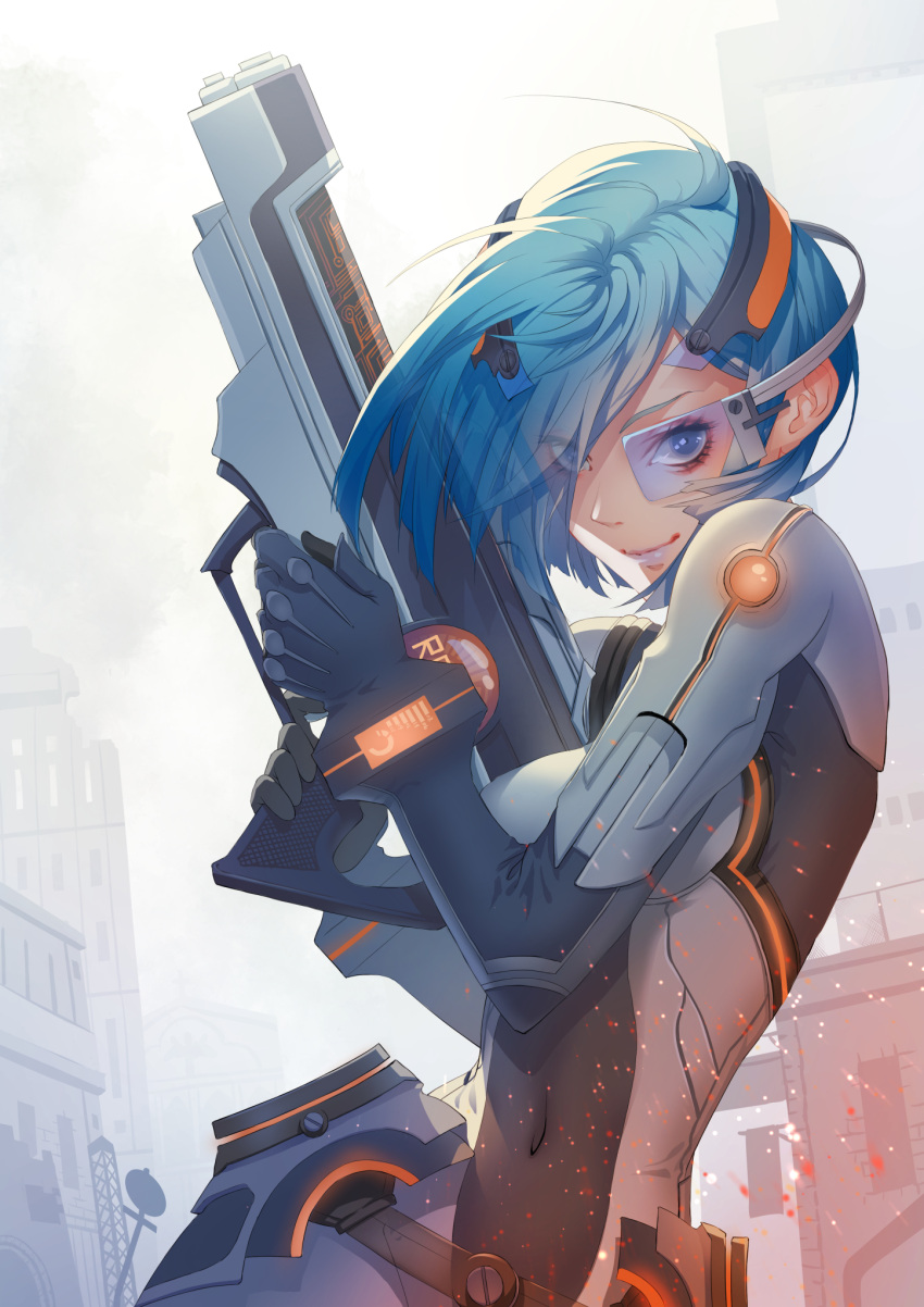 1girl blue_eyes blue_hair bodysuit breasts closed_mouth commentary_request covered_navel cross eyes_visible_through_hair gun highres holding holding_gun holding_weapon karesuki looking_at_viewer medium_breasts navel original outdoors revision road_sign science_fiction scouter short_hair sign smile solo weapon
