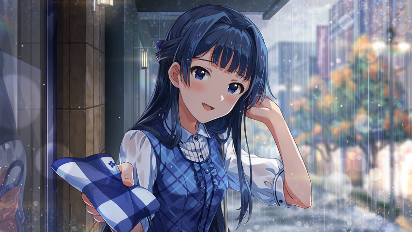 1girl artist_request bangs black_hair blue_eyes blush collared_shirt handkerchief holding idolmaster idolmaster_million_live! idolmaster_million_live!_theater_days long_hair looking_at_viewer mogami_shizuka official_art open_mouth outdoors rain shirt short_sleeves sky smile solo tree wet wet_clothes wet_hair white_shirt