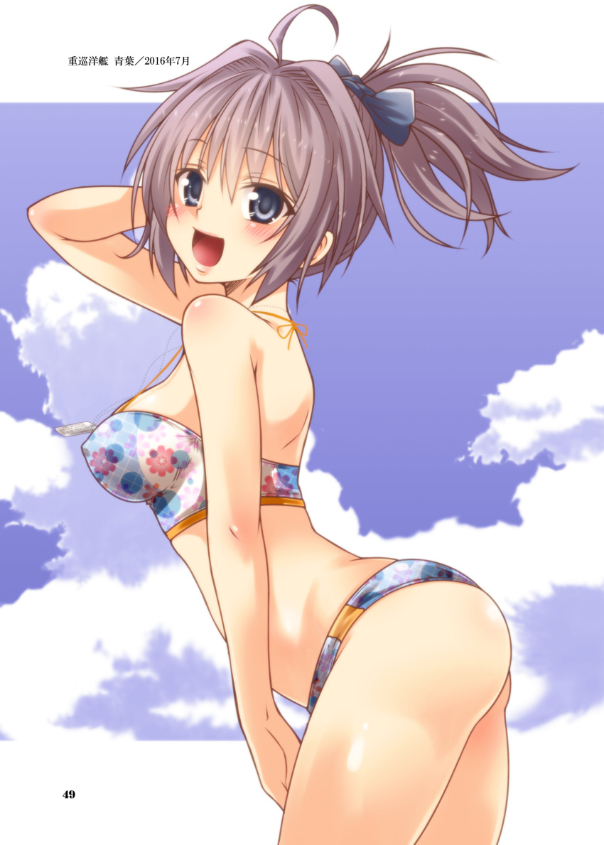1girl :d absurdres ahoge aoba_(kantai_collection) arched_back ass bangs bare_arms bare_shoulders bikini blue_bow blue_eyes bow breasts character_name clouds cowboy_shot day dog_tags erect_nipples eyebrows eyebrows_visible_through_hair floral_print from_side hair_between_eyes hair_bow hair_ornament halterneck hand_on_own_head high_ponytail highres jewelry kantai_collection leaning_forward looking_at_viewer medium_breasts necklace open_mouth outside_border ponytail print_bikini purple_hair shiny shiny_skin shoulder_blades sidelocks sky smile solo summer swimsuit thighs yua_(checkmate)