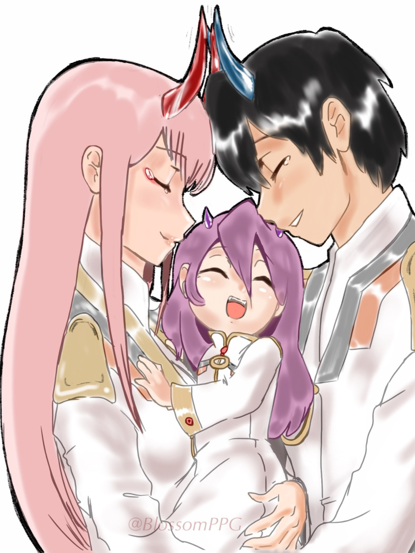 1boy 2girls bangs black_hair blossomppg blue_horns carrying closed_eyes commentary couple darling_in_the_franxx eyebrows_visible_through_hair fringe hetero highres hiro_(darling_in_the_franxx) horns long_hair military military_uniform multiple_girls oni_horns pink_hair purple_hair red_horns short_hair signature tears uniform zero_two_(darling_in_the_franxx)