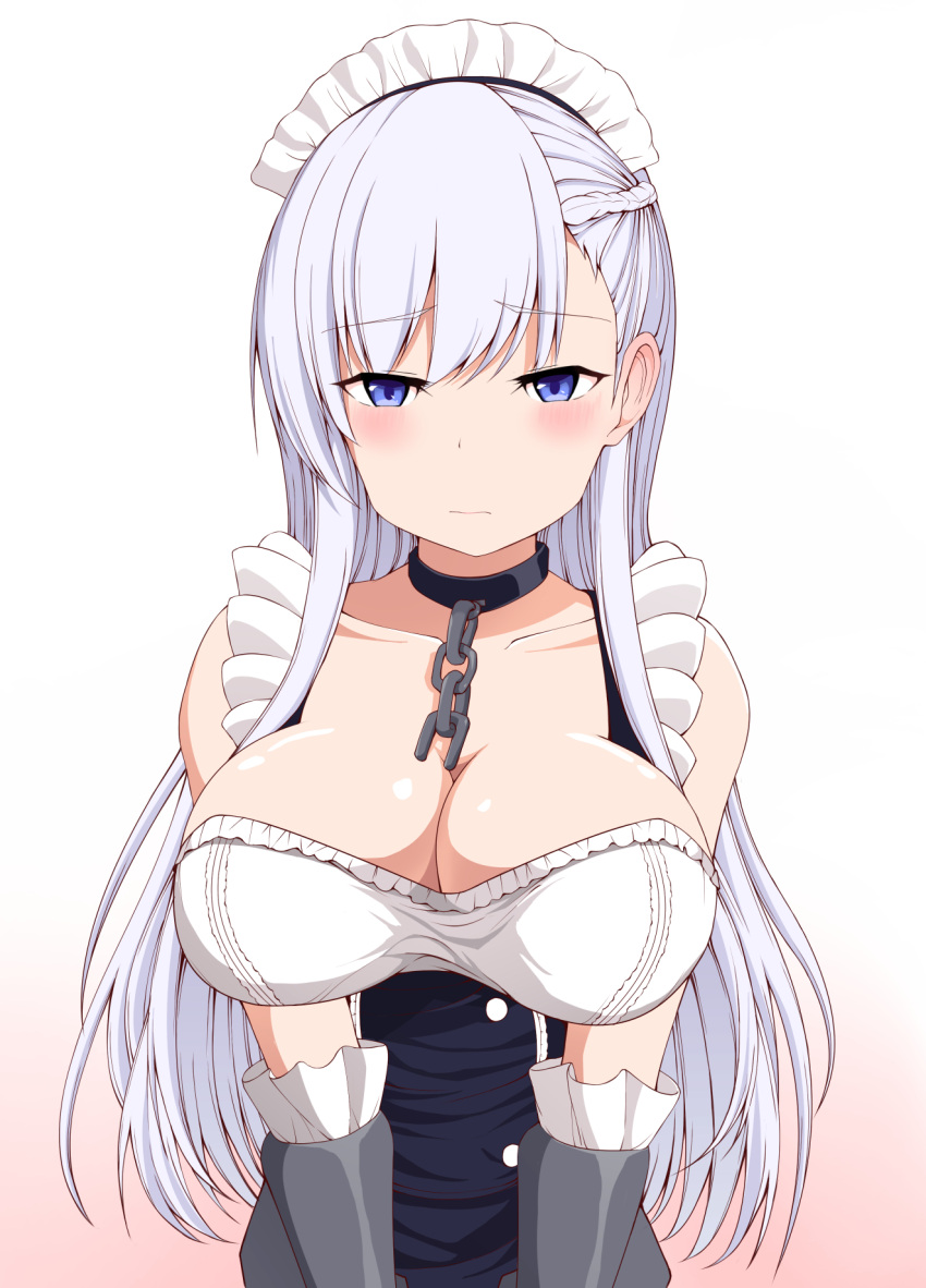 1girl apron azur_lane bangs belfast_(azur_lane) blue_eyes blush braid breasts chains cleavage collar collarbone dress eyebrows_visible_through_hair french_braid frilled_gloves frills gauntlets gloves half-closed_eyes highres large_breasts long_hair looking_at_viewer maid maid_headdress nowattsu sidelocks silver_hair solo upper_body white_gloves