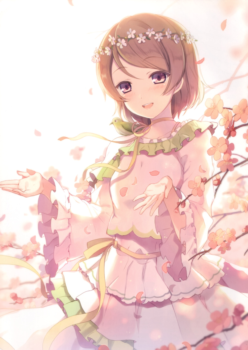 1girl 6u_(eternal_land) :d absurdres animal animal_on_shoulder bangs bird_on_shoulder blush brown_eyes brown_hair choker collarbone dress eyebrows_visible_through_hair flower hair_flower hair_ornament head_wreath highres koizumi_hanayo layered_dress looking_at_viewer love_live! open_mouth petals ribbon ribbon_choker short_hair simple_background smile solo standing swept_bangs white_background white_dress white_flower yellow_ribbon