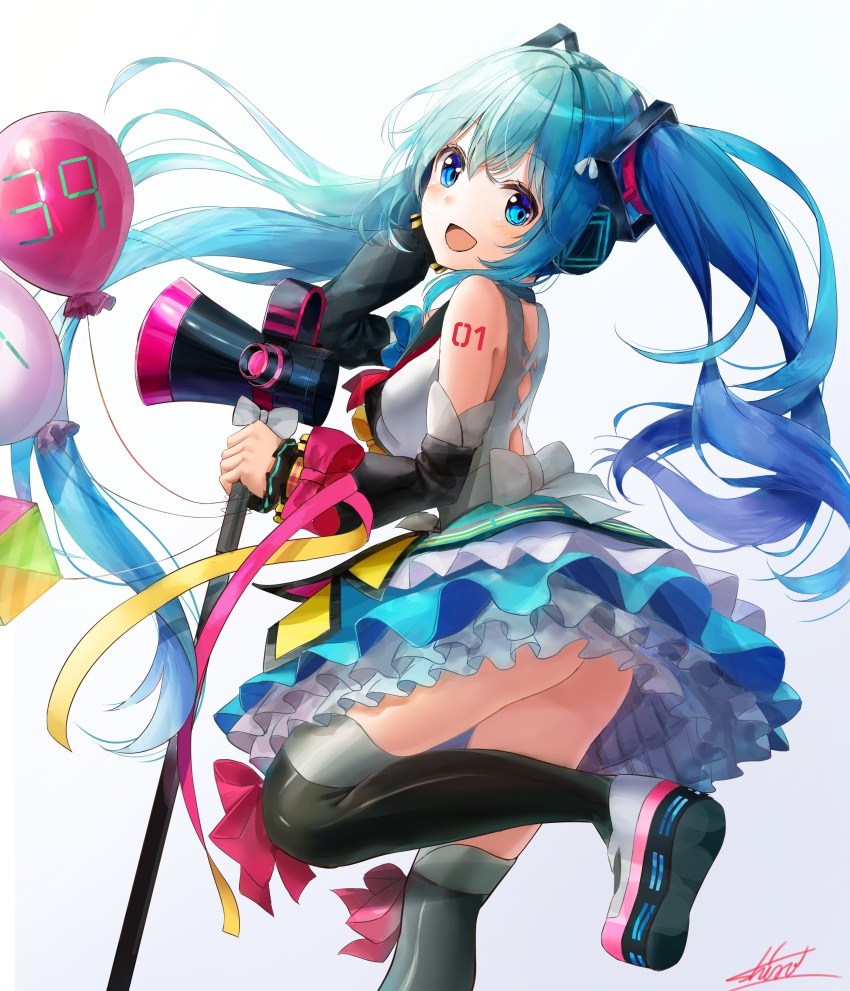 1girl 39 :d absurdres aqua_hair balloon blue_eyes blue_hair detached_sleeves eyebrows_visible_through_hair from_side hatsune_miku highres long_hair looking_at_viewer magical_mirai_(vocaloid) number_tattoo open_mouth shi-ro sidelocks skirt smile solo tattoo thigh-highs twintails very_long_hair vocaloid white_background