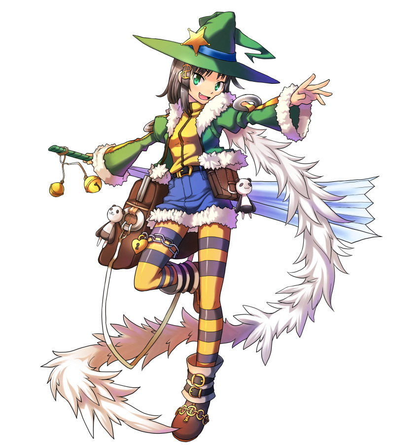 1girl absurdres bag bell belt buckle chains fan fang feather_boa full_body green_eyes harisen hat highres jacket kanatarou keyhole lock looking_at_viewer louis_leondyke messenger_bag official_art outstretched_arms outstretched_hand padlock panda pantyhose short_hair shoulder_bag simple_background skirt smile solo standing standing_on_one_leg striped striped_legwear trouble_witches trouble_witches_ac trouble_witches_neo white_background witch witch_hat
