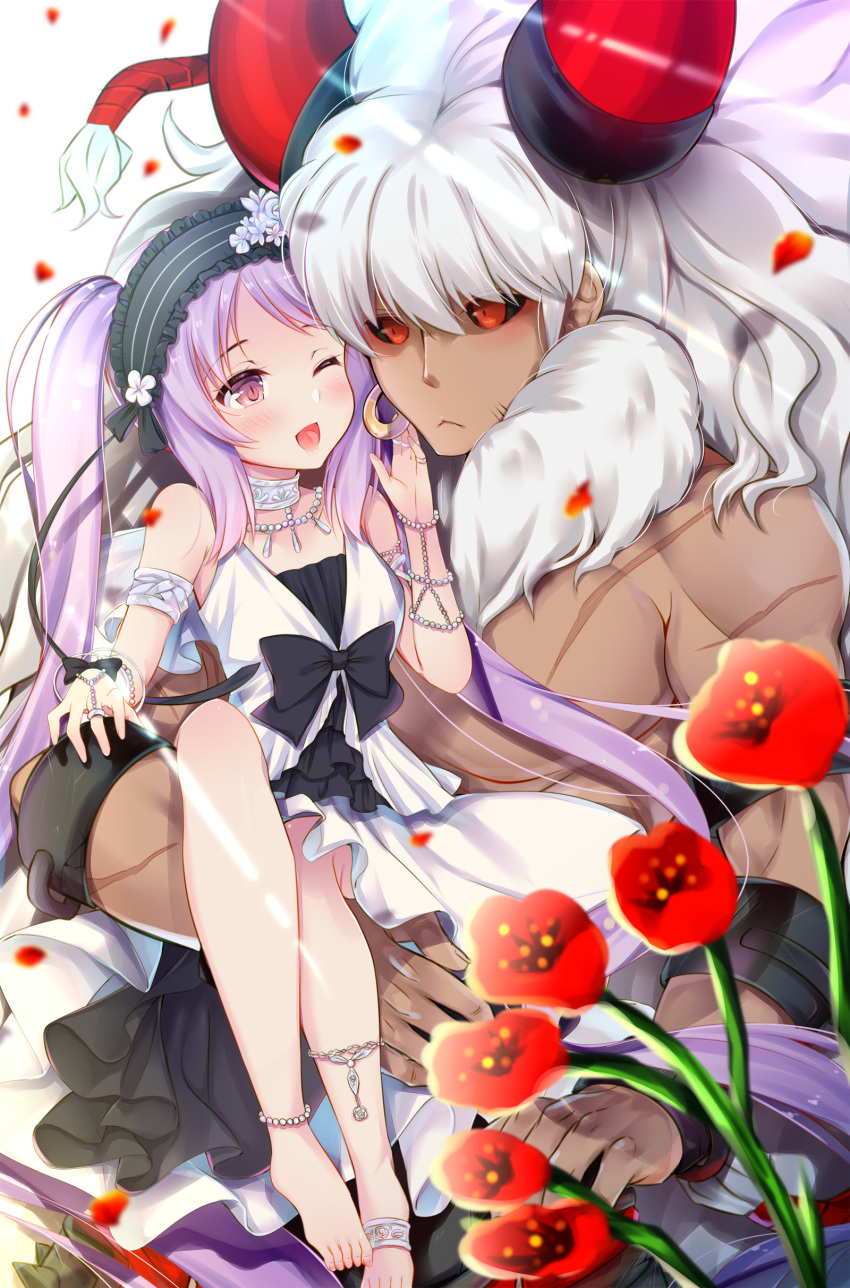 1boy 1girl :&lt; ;d absurdres anklet asterios_(fate/grand_order) bangs bare_shoulders black_bow black_hairband black_sclera blurry blurry_foreground blush bow bracelet breasts closed_mouth commentary_request dark_skin depth_of_field dress earrings euryale eyebrows_visible_through_hair fate/grand_order fate/hollow_ataraxia fate_(series) flower frilled_hairband hairband highres hoop_earrings horns jewelry ko_yu long_hair one_eye_closed open_mouth parted_bangs petals pixiv_fate/grand_order_contest_2 purple_hair red_eyes red_flower rose scar shirtless silver_hair simple_background sitting_on_arm sleeveless sleeveless_dress small_breasts smile toenails twintails very_long_hair white_background white_dress white_flower white_rose