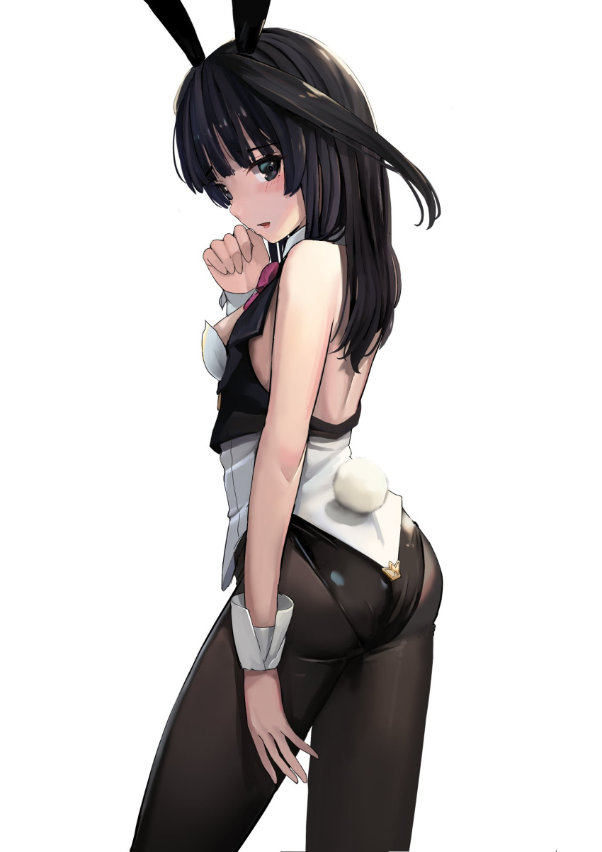 1girl animal_ears black_eyes black_hair black_legwear black_leotard bow bowtie breasts brown_hair bunny_tail bunnysuit from_behind highres leotard long_hair looking_at_viewer looking_back open_mouth original pantyhose rabbit_ears red_bow red_neckwear sideboob simple_background small_breasts solo standing sunga2usagi tail white_background wrist_cuffs