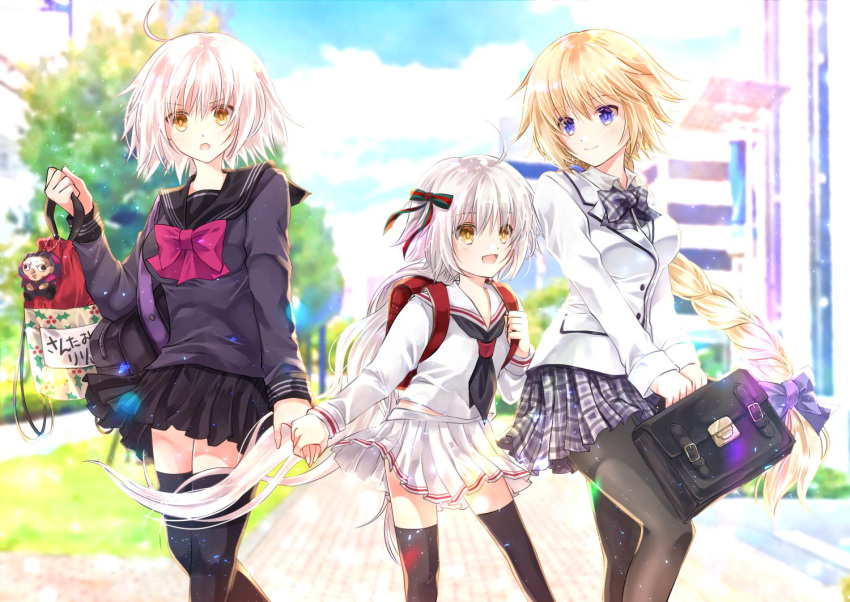 3girls :d ahoge backpack bag bag_charm bangs black_legwear black_neckwear black_sailor_collar black_serafuku black_shirt black_skirt blazer blonde_hair blue_bow blue_eyes blue_sky blurry blurry_background blush bow bowtie braid breasts charm_(object) clouds commentary_request contemporary day depth_of_field eyebrows_visible_through_hair fate/apocrypha fate/grand_order fate_(series) fingernails gilles_de_rais green_bow green_ribbon grey_skirt hair_between_eyes hair_bow holding holding_weapon iroha_(shiki) jacket jeanne_d'arc_(alter)_(fate) jeanne_d'arc_(fate) jeanne_d'arc_(fate)_(all) jeanne_d'arc_alter_santa_lily long_hair long_sleeves low_ponytail medium_breasts multiple_girls nail_polish neckerchief open_mouth outdoors pantyhose pink_neckwear plaid plaid_neckwear plaid_skirt pleated_skirt ponytail randoseru revision ribbon sailor_collar school_bag school_briefcase school_uniform serafuku shirt short_hair silver_hair skirt sky smile striped striped_bow striped_ribbon thigh-highs tree very_long_hair weapon white_blazer white_nails white_sailor_collar white_serafuku white_shirt white_skirt yellow_eyes