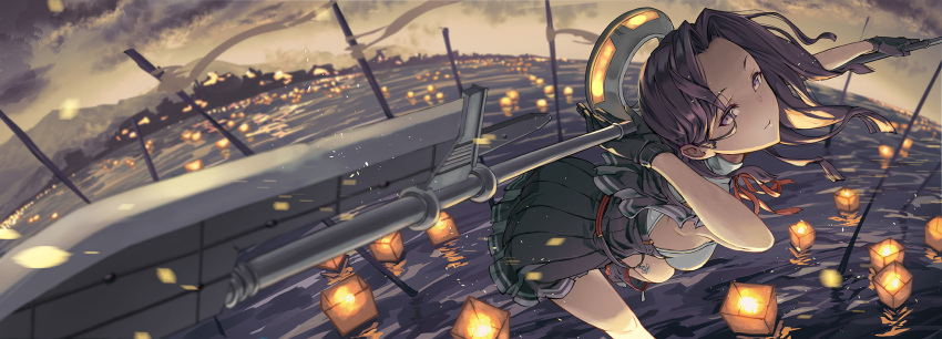 1girl afloat_lantern arched_back breasts commentary_request fujita_(condor) glaive hair_intakes highres horizon kantai_collection lantern looking_at_viewer mechanical_halo medium_breasts mountain night paper_lantern purple_hair remodel_(kantai_collection) school_uniform short_hair skirt smile solo tatsuta_(kantai_collection) violet_eyes water
