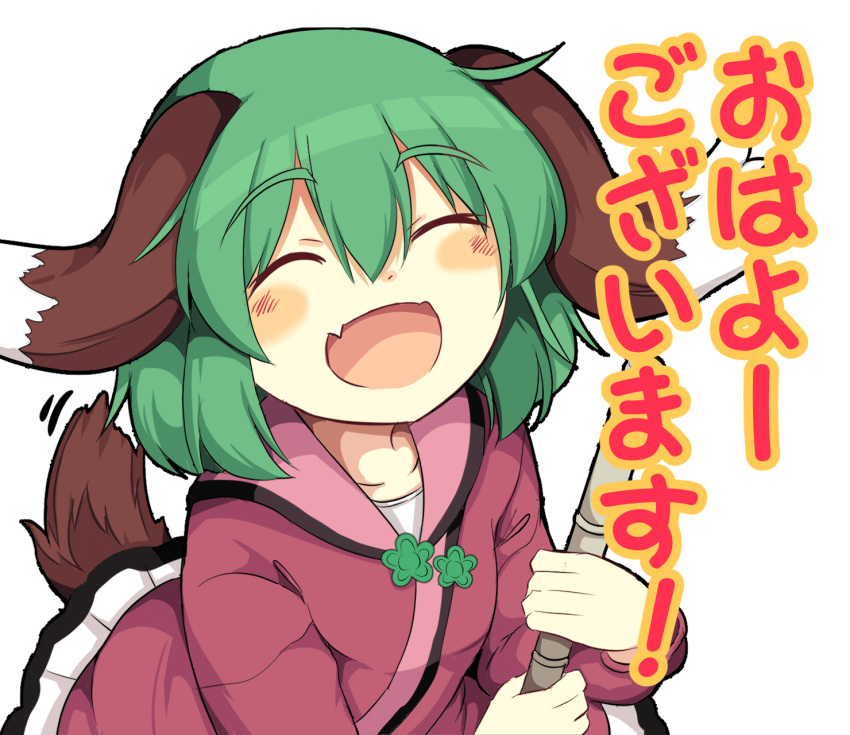 1girl :d ^_^ animal_ears bamboo_broom blush broom closed_eyes collarbone commentary_request dress eyebrows_visible_through_hair facing_viewer fang green_hair hair_between_eyes highres holding holding_broom kasodani_kyouko lolimate long_sleeves open_mouth petticoat pink_dress short_hair simple_background smile solo tail touhou translated upper_body white_background