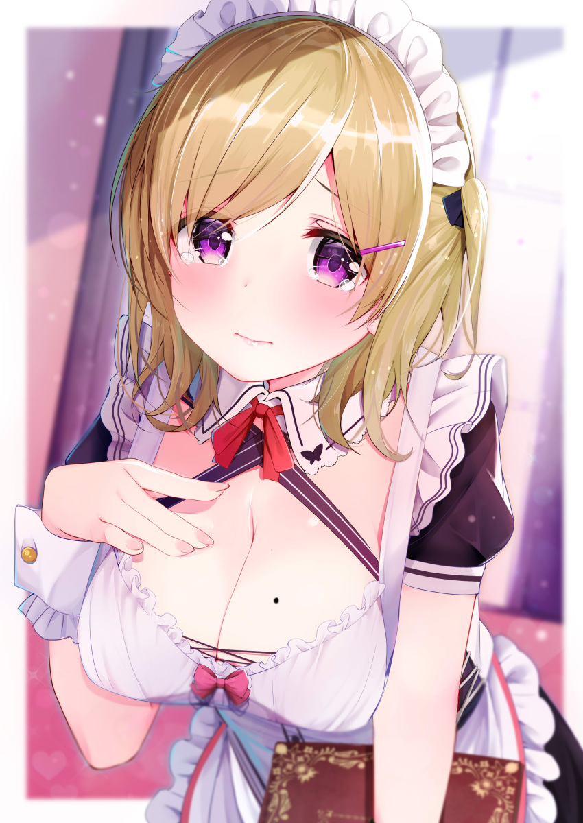 1girl 3: absurdres apron blonde_hair blurry blurry_background blush breasts cleavage closed_mouth commentary_request depth_of_field detached_collar eyebrows_visible_through_hair highres indoors large_breasts leaning_forward light_brown_hair looking_at_viewer maid maid_apron maid_headdress medium_hair mole mole_on_breast original revision rouka_(akatyann) short_sleeves solo tearing_up tears violet_eyes waist_apron wrist_cuffs
