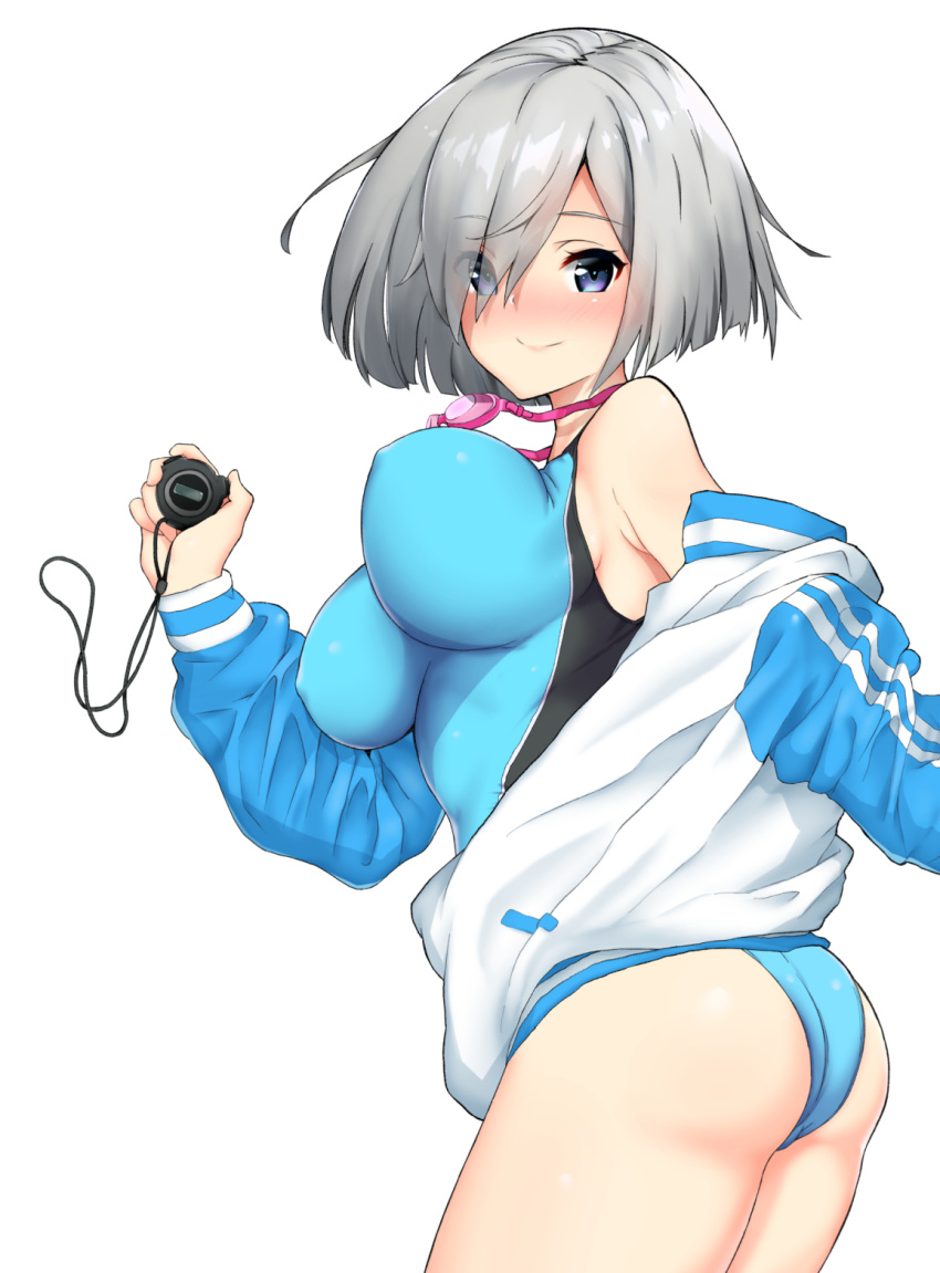 1girl blue_eyes blue_swimsuit breasts c@rbon competition_swimsuit eyes_visible_through_hair goggles goggles_around_neck hair_ornament hair_over_one_eye hamakaze_(kantai_collection) highres jacket kantai_collection large_breasts one-piece_swimsuit short_hair silver_hair solo stopwatch swimsuit swimsuit_under_clothes track_jacket watch