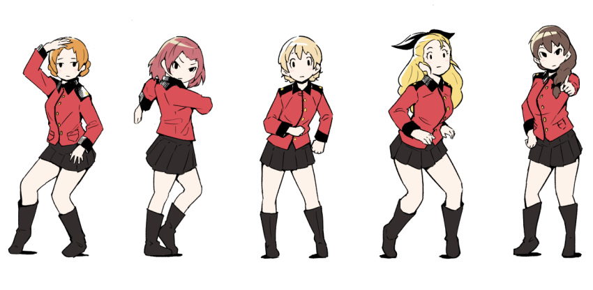 5girls assam blonde_hair boots braid brown_hair dancing darjeeling girls_und_panzer hisone_to_masotan le_temps_de_la_rentree_(hisone_to_masotan) long_hair multiple_girls nexas orange_hair orange_pekoe parody redhead rosehip rukuriri short_hair single_braid st._gloriana's_military_uniform white_background